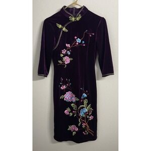 Women Floral Velvet Cheongsam Chinese Style Embroidery Slim Fit Qipao Dress SZ S